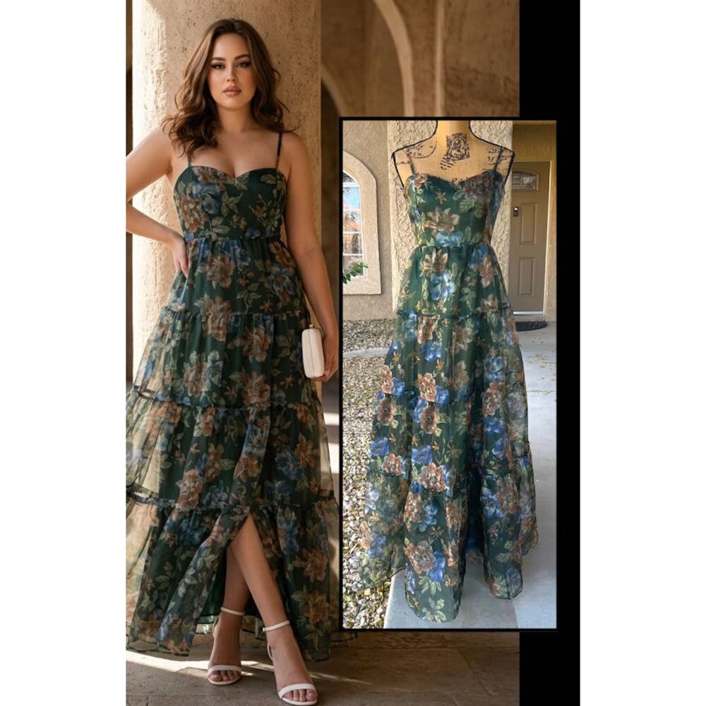 Lulus Green Floral Organza Tiered Exclusive Glamour Maxi Dress Plus Size 3X